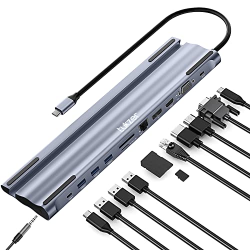 Image of Tukzer USB C to 12 in 1 HUB Dock MST, Type C to 4K HDMI, VGA DisplayPort Ethernet Adapter| 100W Power Delivery, 3 USB 3.0, SD /TF Card Reader, 3.5mm Audio for iPad MacBook Laptop Notebook Android(Grey)