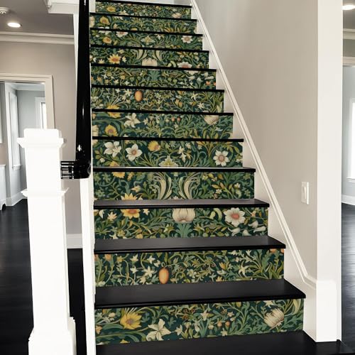 REDAMANCY William Morrise Green Leaf Vine White Flowers Damask Vintage Peel and Stick Vinyl Stair Riser Decals Staircase Tile Stickers Decor Modern Marble Decoration Self-Adhesive(14 Pcs)