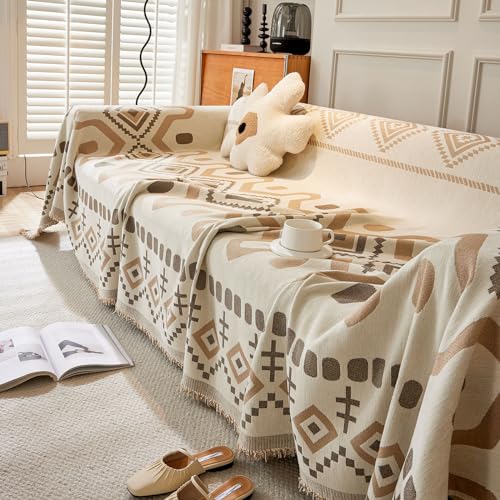 Treer Style Bohême Jeté de Canapé Tissu Chenille avec Gland, Jete de Canape Grande Taille Housse de Canapé 1 2 3 4 Places Réversible Couvre Canapé Couverture de Canapé (Couleur Kaki,180x90cm)