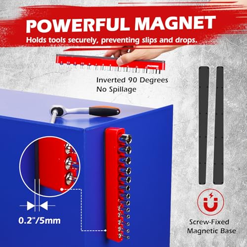 2-Piece 1/4"-Drive Metric Magnetic Socket Organizer Set (Holds 26 Sockets) - Detachable Tool Tray with 5mm Magnetic Base, Screw-Fixed Design & Heavy-Duty Modular Storage for Garage/Home Workshop
