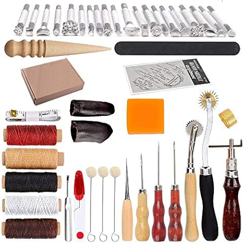 Swiftrans 33Pc Leather Tools Leather Craft Tools Kit Leather DIY Leather Working Tools Leather Sewing Set Hand Stitching Tool Set with Groover Awl Waxed Thread Thimble Kit for Punching Cutting Sewing Cover