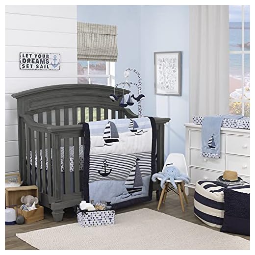 Nautica Nautical Adventure Blue & White Sailboat, Anchor, Waves, & Stripes 4Piece Nursery Crib Bedding Set - Comforter, 100% Cotton Fitted Crib Sheet, Crib Skirt, & Storage, Navy, Light Blue, White,