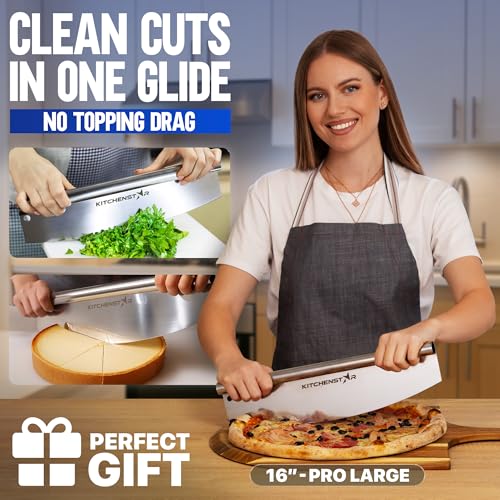 Image of KitchenStar 16 inch Pizza Cutter | Sharp Stainless Steel Slicer Knife - Rocker Style w Blade Cover | Chop and Slices Perfect Portions , Dishwasher Safe - Premium Accessories