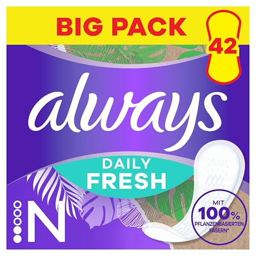 Always Daily Fresh Slipeinlagen Long, mit 100% pflanzenbasierten Fasern, 38 Stück, ohne Duft, bis zu 12 Stunden Schutz, ohne Duft