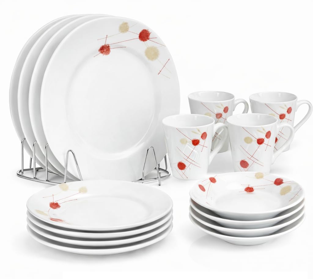 Housetronics 16-Piece Round Porcelain Dinner Set for 4– 4 Dinner Plates and Bowls Set with 4 Side Plates & Mugs, Dishwasher Safe, Highly Resistant Dinnerware, Kitchen & Dining (Cream & Red Pattern) — image 1