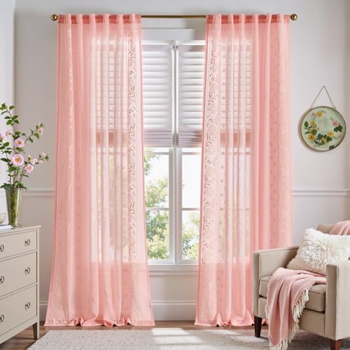 Image of jinchan Winslow Sheer Curtains 96 Inch for Bedroom Living Room Embroidered Bordered Floral Nursery Curtains for Girls Room Light Filtering Window Treatments, Beige on Pink, 2 Panels, 50 inch x 96 inch