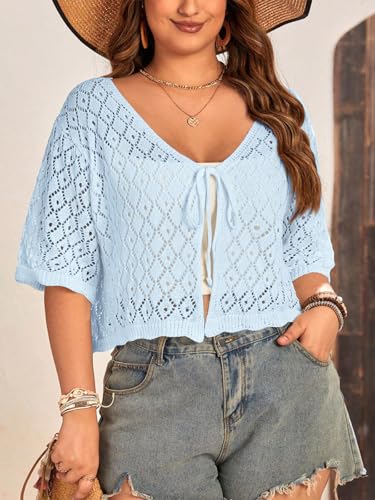 Women's Plus Size Crochet Cardigan Crop Short Sleeves Tie Front Lightweight Knitwear3