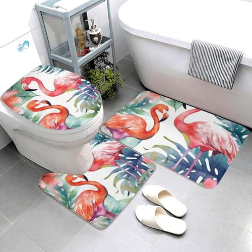 Dwrepo Flamingos Watercolor Tropics Print Bathroom Rug Set 3 Piece with Non-Slip U-Shaped Contour Mat and Toilet Lid Cover for Bathroom Decoration