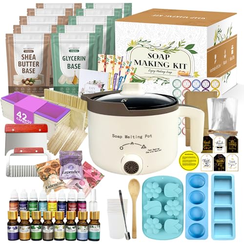 LFISGNN Deluxe Soap Making Kit for Adults DIY Soaps, DIY Soap Making Supplies Kits with Soap Melting Pot, Natural Soap Base, 8 Essential Oils, 8 Dyes, 4 Soap Molds, Packing and Supplies for Begineers
