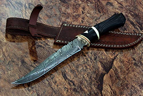 13 Inches Long Hand Carved Camel Bone Round Scale Skinning Knife, Custom Made Hand Forged Damascus Steel Hunting Knife with 7.5