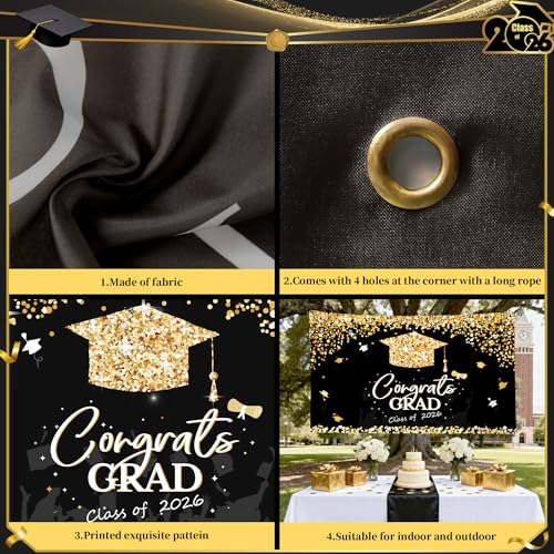 Image of PARTY KNIGHT Graduation Decorations 2026 - Black and Gold Graduation Backdrop and Congrats Grad Banner Class of 2026 Graduation Party Supplies Decor