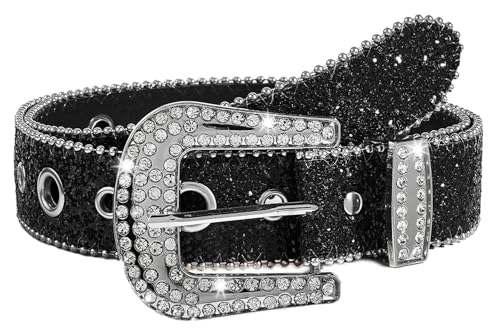 Womens Rhinestone Studded Western Leather Belt for Jeans Cowboy Waist Belts Fit Waist 27