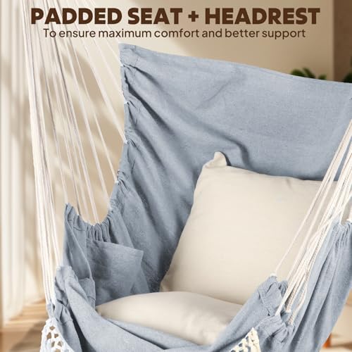 Image of Chihee Hammock Chair Foot Rest 2 Cushions Max 500lbs Metal Spreader Bar | Robust Hanging Chair Soft Cotton Blended Swing Collapsible Easy Storage Strong Strap Iron Carabiner Pocket Indoor Outdoor