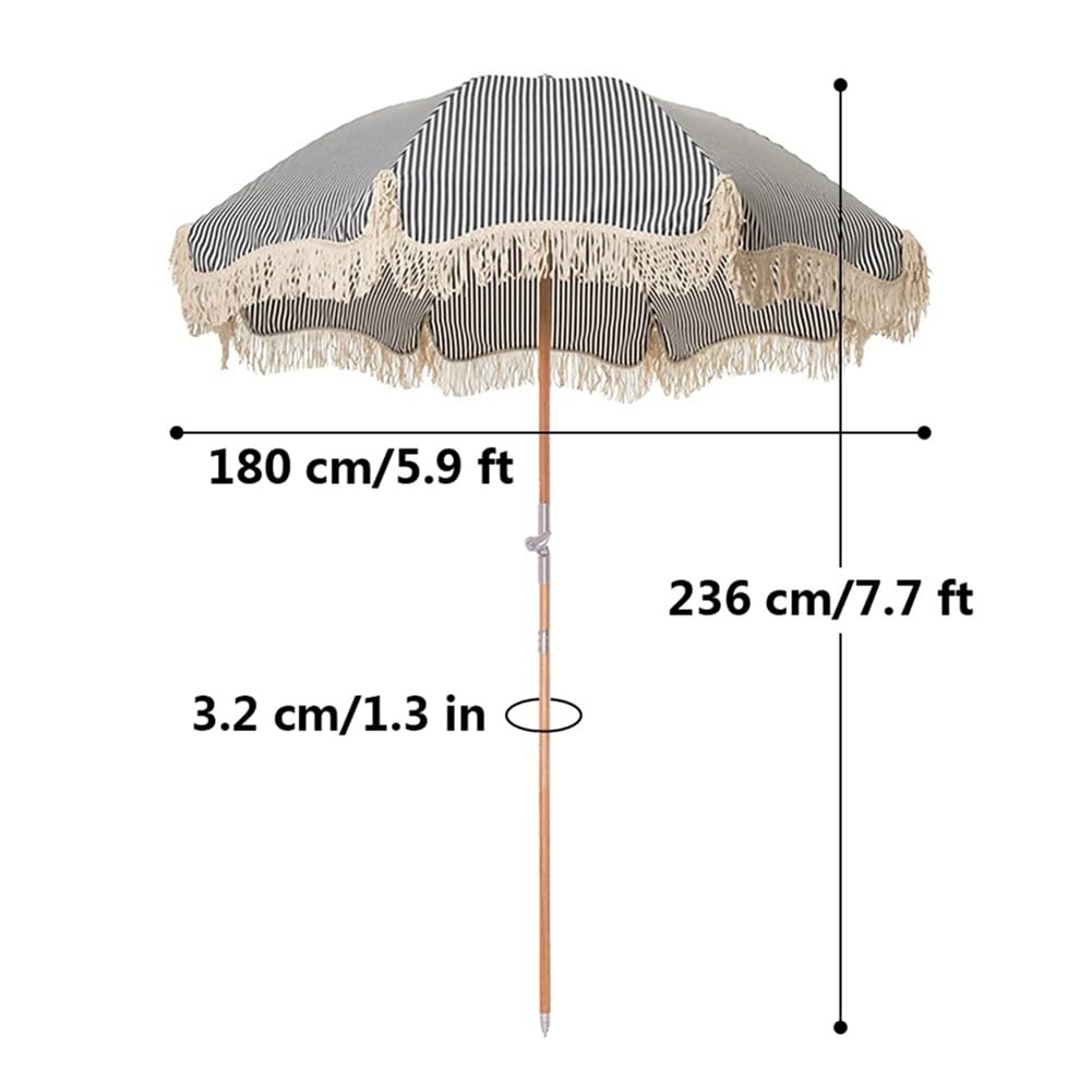 Parasol Ogrodowy z Frędzlami 180 cm Przenośny Parasol Plażowy w Paski, Drewniany Maszt i Regulacja Nachylenia 8 Podpórkami, Bez Podstawy