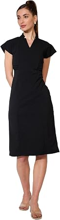 Women Black V-Neck Cap Sleeves Sheath Midi Workwear Dress