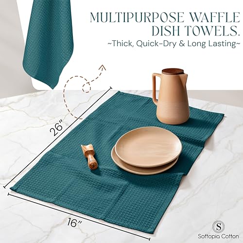 Image of Teal Green Kitchen Towels - Waffle Weave, 100% Cotton, Soft & Absorbent, Fast Dry, Durable, 16x26 Inches, Perfect for Dish Drying, Bar, Cleaning, and Everyday Use, Set of 12, Teal