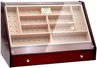 Humidor Cigar Display Box with Glass Window Handcrafted, Handcrafted Cedar Humidor Cigar Box with Accurate Digital Hygrometer, Humidifier and Accessory Drawer, Holds