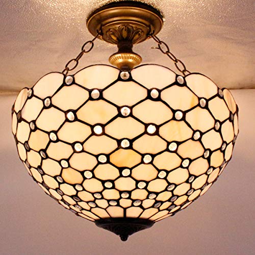 Image of WERFACTORY Tiffany Ceiling Light Fixture Stained Glass Semi Flush Mount 16 inch