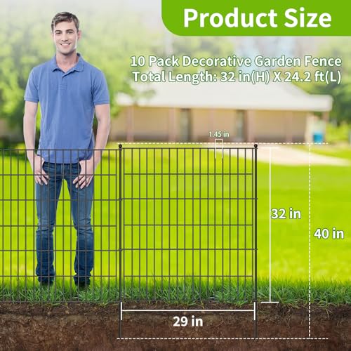 10 Panels No Dig Decorative Garden Fence with Gate, 32 in(H) X 24.2 ft(L) Dog Fence Outdoor for Yard, Thickened Rustproof Metal Wire Panel, Garden Fengces and Borders for Dogs, Rabbits, and Patio
