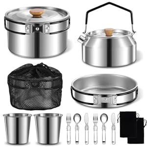 12pcs Outdoor Camping Cookware Kit, Lightweight Stainless Steel Kettle, Non-Stick Pot and pan, with Fork Spoon Kits Suitable for picnics and Backpacking Trips