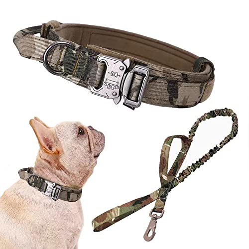 Image of Tactical Dog Collar and Leash Set Adjustable Military Nylon Dog Collar with Control Handle and Heavy Duty Metal Buckle for Large Dogs(Camo S