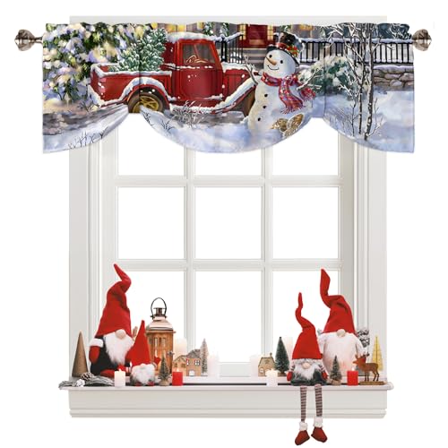 Christmas Tie Up Window Valances for Kitchen, Snowman Rod Pocket Kitchen Window Topper Curtain Valance Red Truck Carrying Xmas Tree Winter Holiday Decor for Living Room, Bedroom, Bathroom 54
