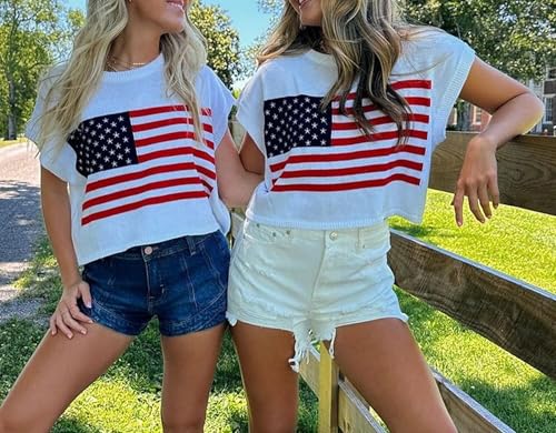 Image of Womens American Flag Sweater Cap Sleeve Summer Crop Tops Crew Neck Loose Fit Knit Sweater Pullover Top
