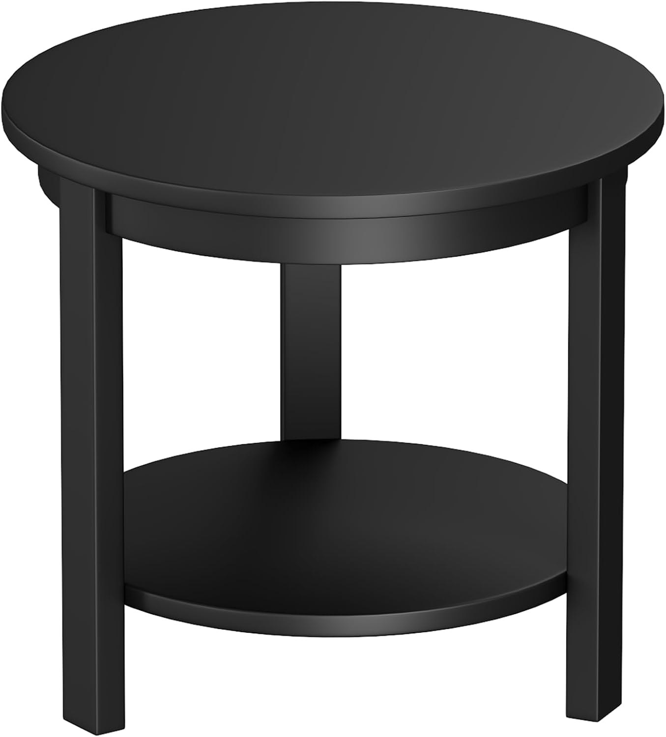 Solid Wood Round Table with Storage Shelf, 22" W x 20" H, Mid Century Modern Wooden Coffee/End/Side Table for Bedroom Living Room, Black
