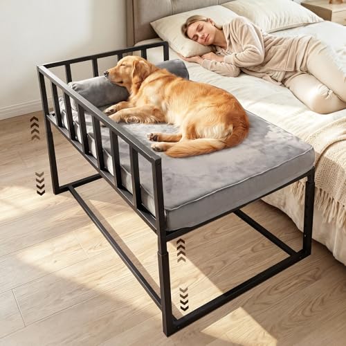 Libbipaw Bedside Dog Bed Height Adjustable Elevated Co-Sleeper for Medium Large Dogs Fits Low to High Beds (28-37in) Heavy-Duty Metal Bunk Bed Frame with Safety Side Rails & Washable Cushion