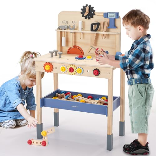 Pillowhale Wooden Kids Tool Bench, Toddler Workbench with Kids Tool Set, Building Tools Sets Pretend Play Toys, Construction Workshop Toy, Toddler Toys for 3 4 5 Year Boys Girls -  PW2223