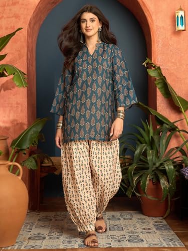 Image of EthnicJunction Women's Linen Floral Print Summer Wear Straight Short Kurti with Afghani Pant Set | Co Ord Set for Women Stylish | Fusion wear Women