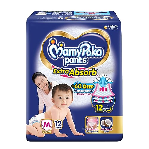 Image of Mamypoko pants Extra Absorb| Pant Style Baby Diapers (M), 12 Count, 7-12kgs||Deep Sleep Diapers| Soft gentle fit |Deep Absorbent Crisscross | Skin Friendly with Coconut Oil