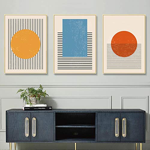 Toile peinture géométrique abstrait jaune bleu 50x70cm lot de 3 triptyque moderne pour salon