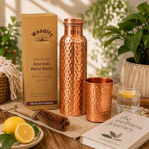 Image of 100% Pure Copper Water bottle 32 Oz with Cleaning brush,Hammered design | Drink More Water, Lower Your Sugar Intake And Enjoy the Health Benefits Immediately(1Brush +1Bottle+ 1 Glass)