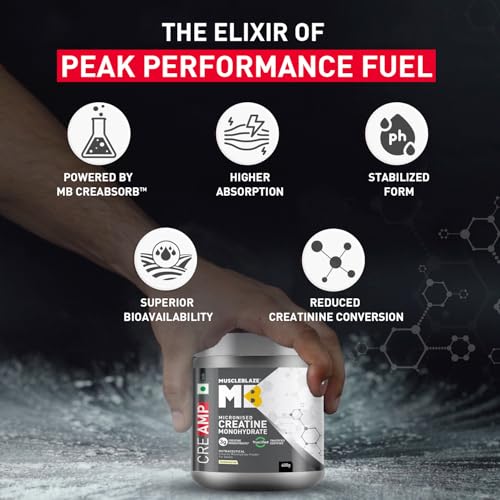 Image of MuscleBlaze Micronised Creatine Monohydrate CreAMP Powder, Unflavoured (129 servings, 400g) | Trustified Certified Creatine