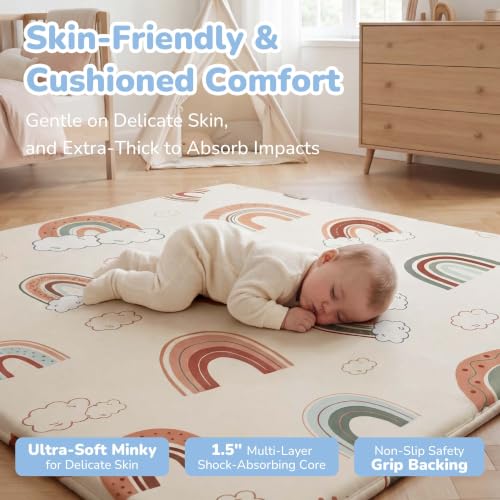 Image of 1.5 inch Extra Thick Baby Play Mat, 50x50 Memory Foam Play Mat, Rainbow | Ultra Soft, Non-Slip Backing, Water-Repellent, Skin-Friendly for Baby, Padded Cushioned, Tummy Time Crawling for Nursery