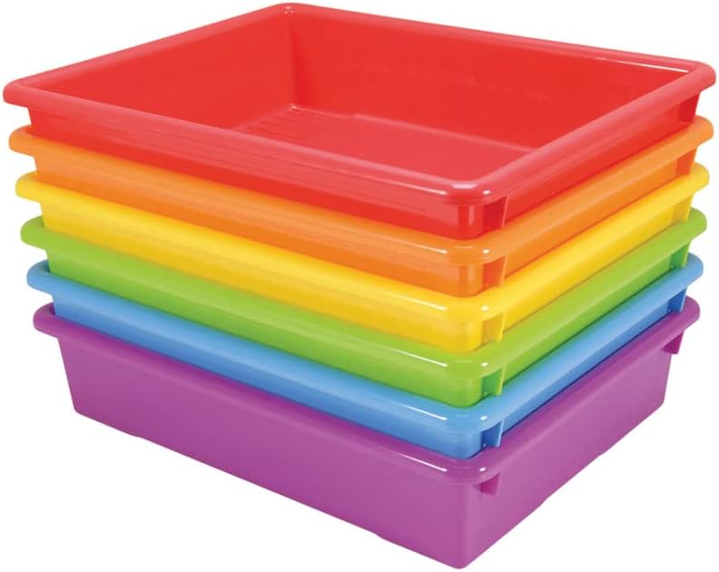 EAI Education Heavy-Duty Paper Trays for Classroom, Office and Home, No Sharp Edges, Stackable, 13 3/4 L 10 3/4 W 3 H, Assorted Colors, Set of 6