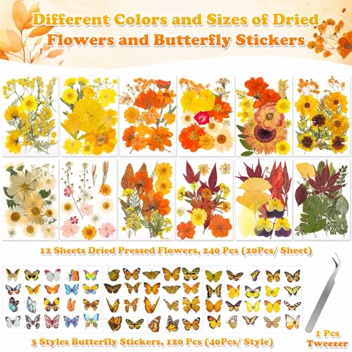 Image of 361 Pcs Fall Dried Pressed Flowers Butterfly Stickers for Resin Crafts