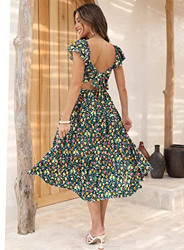 DOROSE Women's Summer Floral Dress Square Neck Smocked Boho Midi Dress Ruffle Tie Back Flowy Beach Long Tiered Dress2