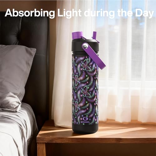 Image of ENCOOL Insulated Water Bottle with Straw Stainless Steel Water Bottle, Glow in the Dark, Leak-Proof, BPA-Free, Keeps Cold for 24 Hours for Sports, Travel, School (26 oz, Midnight Butterfly)