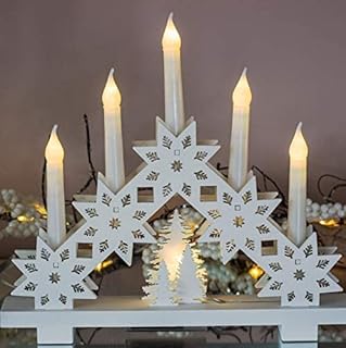HomeZone® Rustic White Wooden Snowflake 6 LED Christmas Candle Bridge Arch Tower Battery Operated Candlebridge Festive Window Christmas Decoration