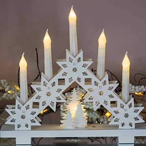 HomeZone® Rustic White Wooden Snowflake 6 LED Christmas Candle Bridge Arch Tower Battery Operated Candlebridge Festive Window Christmas Decoration