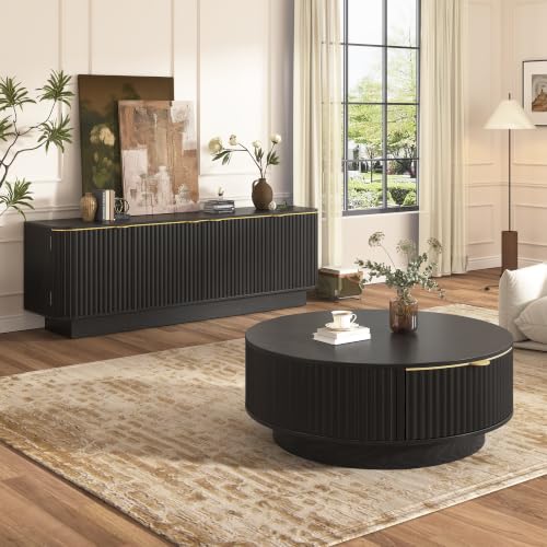 Farmhouse Matching Coffee Table & TV Console Set with Fluted Design and Golden Handle, Modern Wood Coffee Table with TV Stand Set for Living Room, Black
