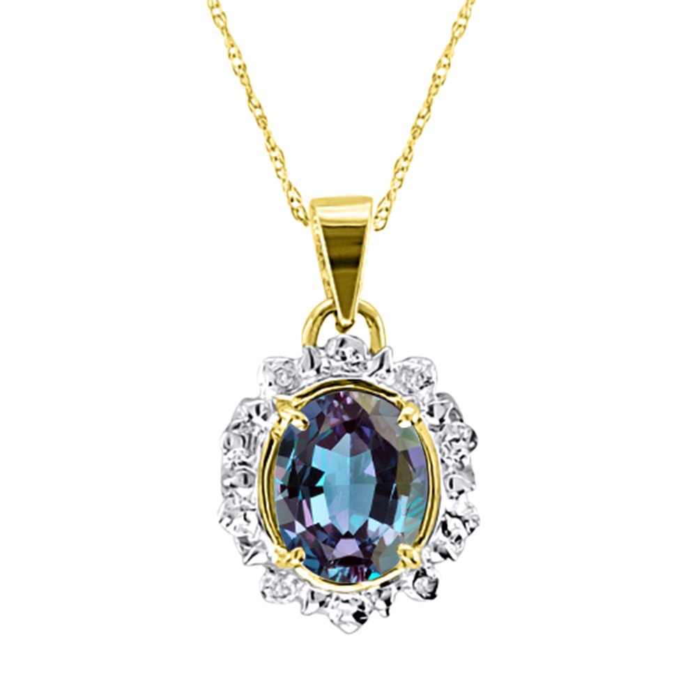 Halskette mit Anhänger aus künstlichem Alexandrit und Diamant, Gelbvergoldetes Silber