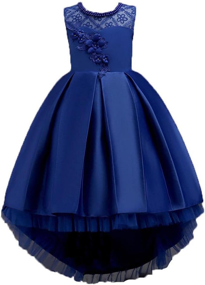 BestGift Children's Long Tail Lace Flower Beading Princess Dress Girl Performance Elegant Party Birthday Evening Lady Dresses