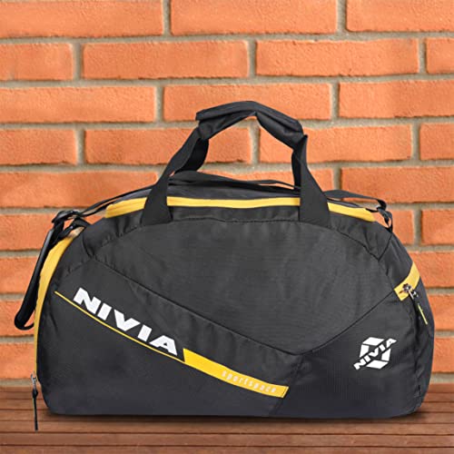 Image of Nivia Sports Space Polyester Gym Bag with Shoes Compartment,Adjustable Shoulder Bag for Men, Duffle Gym Bags for Men,Duffle Bags Travel (Black, Yellow),Capacity-18 litres