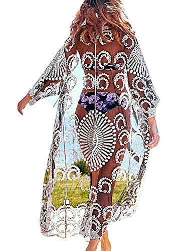 Bsubseach Women Mesh Embroidery Open Front See Through Swimsuit Cover Up Sexy 3/4 Sleeve Beach Kimono Cardigan
