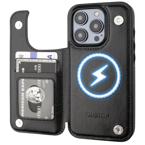 ONETOP Compatible with Magsafe for iPhone 15 Pro Wallet Case with Card Holder, PU Leather Kickstand RFID Blocking Case, Double Magnetic Clasp and Durable Shockproof Cover 6.1 Inch (Black)