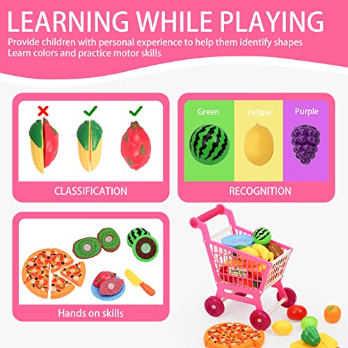 Play Food Set With Shopping Cart, Various Slicing Fruit Toy Plastic Colorful Vegetables Dishes Pretend Food Educational Cutting Food Toys For Toddlers Preschool Outdoor Or Indoor (H02) #TOP2