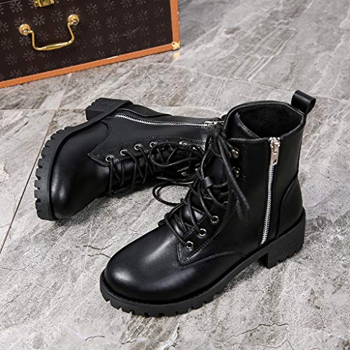 Haoricu Black Combat Ankle Boots For Women Pu Leather Boots For Women, Cap Toe Lace Up Boots With Zipper #TOP4